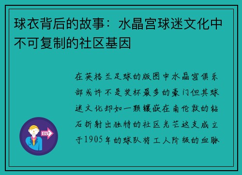 球衣背后的故事：水晶宫球迷文化中不可复制的社区基因