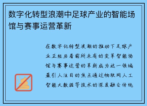 数字化转型浪潮中足球产业的智能场馆与赛事运营革新
