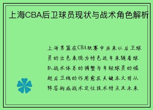 上海CBA后卫球员现状与战术角色解析